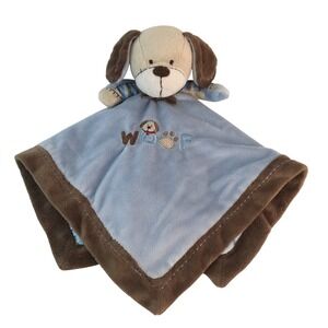 Carters Puppy Dog Lovey 16" Security Blanket Blue Brown Woof Satin Back‎ Rattle